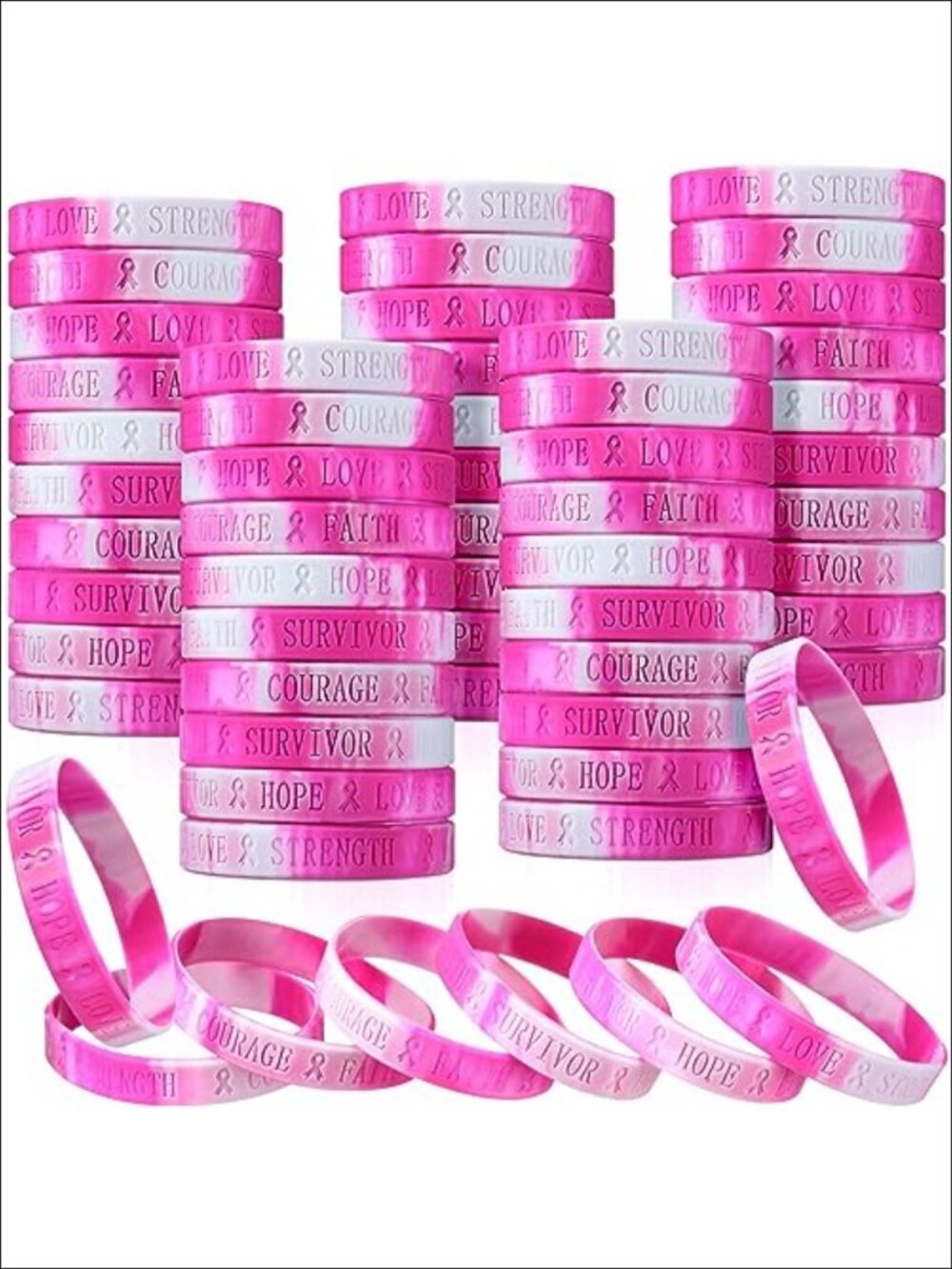Silicone Breast Cancer Awareness Bracelets 50 Pack Pink Ribbon Wristbands